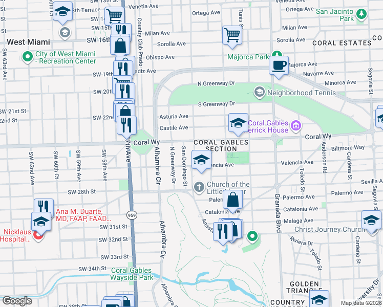 map of restaurants, bars, coffee shops, grocery stores, and more near 2440 Madrid Street in Coral Gables