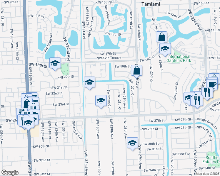 map of restaurants, bars, coffee shops, grocery stores, and more near 12921 Southwest 22nd Street in Miami