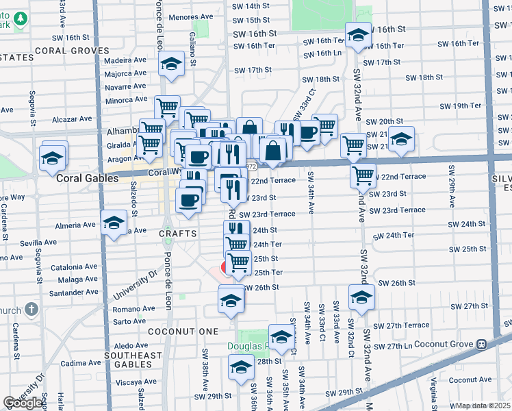 map of restaurants, bars, coffee shops, grocery stores, and more near 3658 Southwest 23rd Street in Miami