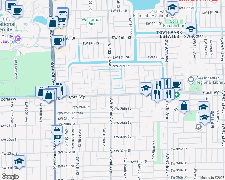 map of restaurants, bars, coffee shops, grocery stores, and more near 10115 Southwest 23rd Terrace in Miami