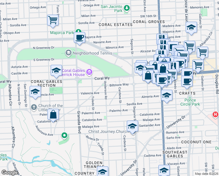 map of restaurants, bars, coffee shops, grocery stores, and more near 2508 Anderson Road in Coral Gables