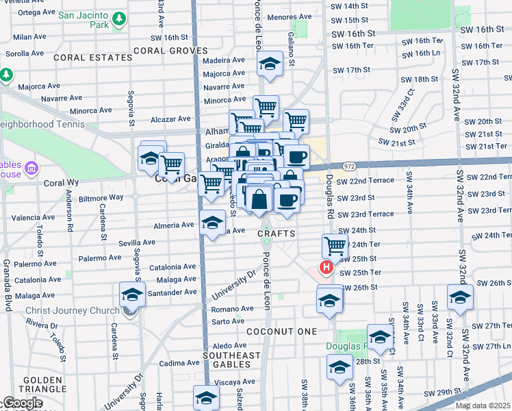 map of restaurants, bars, coffee shops, grocery stores, and more near 210 Valencia Avenue in Coral Gables