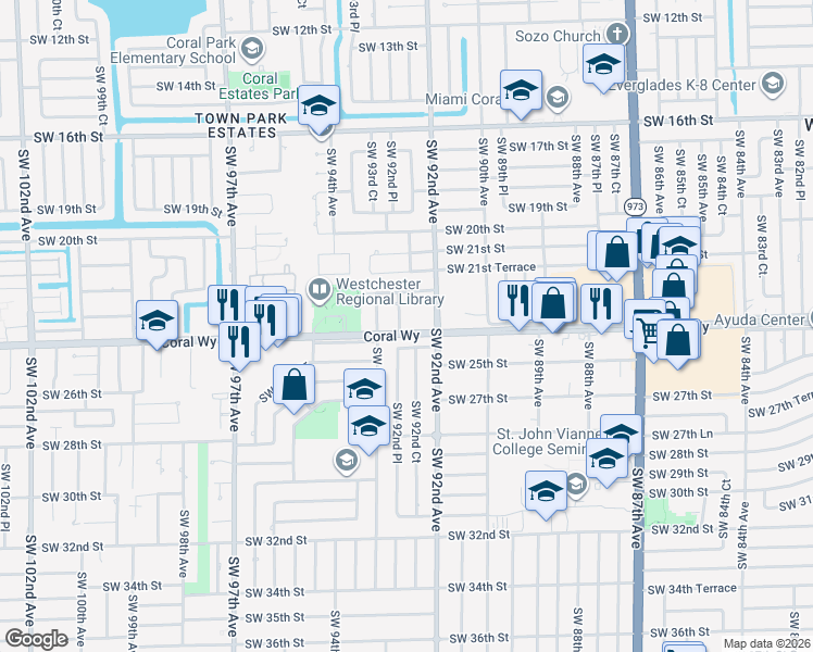 map of restaurants, bars, coffee shops, grocery stores, and more near 9221 Southwest 24th Terrace in Miami
