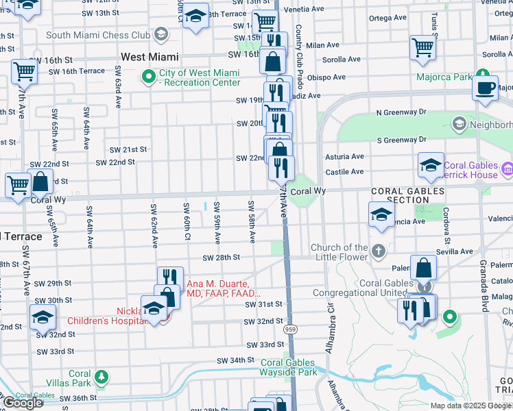 map of restaurants, bars, coffee shops, grocery stores, and more near 5785 Southwest 25th Street in Miami