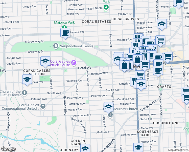 map of restaurants, bars, coffee shops, grocery stores, and more near 700 Biltmore Way in Coral Gables