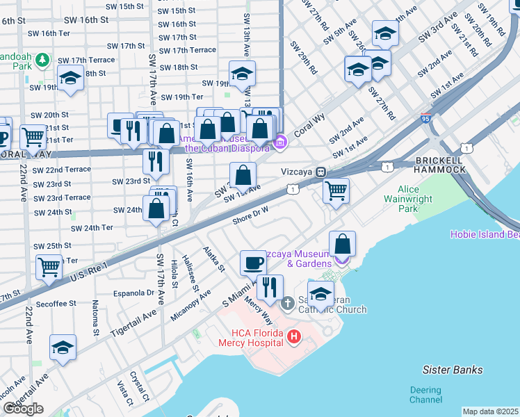 map of restaurants, bars, coffee shops, grocery stores, and more near 80 Shore Drive East in Miami