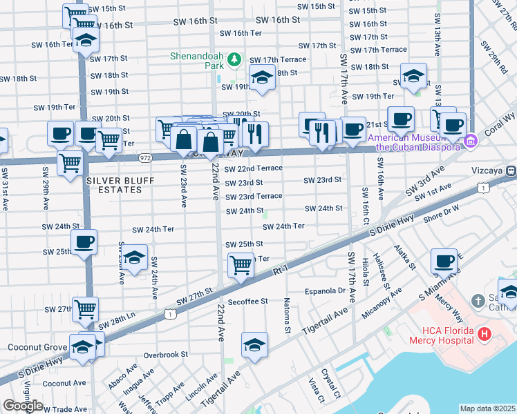 map of restaurants, bars, coffee shops, grocery stores, and more near 2021 Southwest 24th Street in Miami