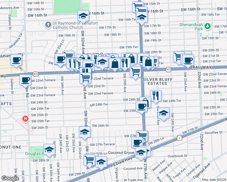 map of restaurants, bars, coffee shops, grocery stores, and more near 3031 Southwest 23rd Terrace in Miami