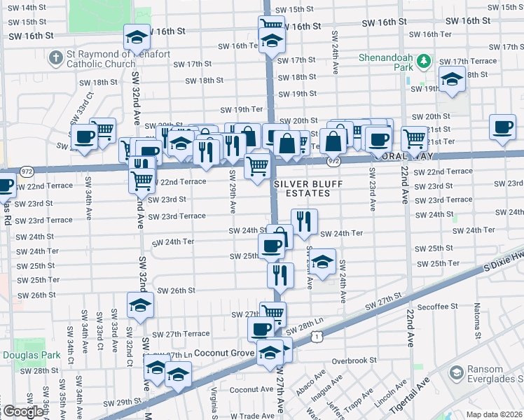 map of restaurants, bars, coffee shops, grocery stores, and more near 2792 Southwest 23rd Terrace in Miami