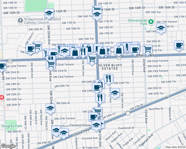 map of restaurants, bars, coffee shops, grocery stores, and more near 2792 Southwest 23rd Terrace in Miami