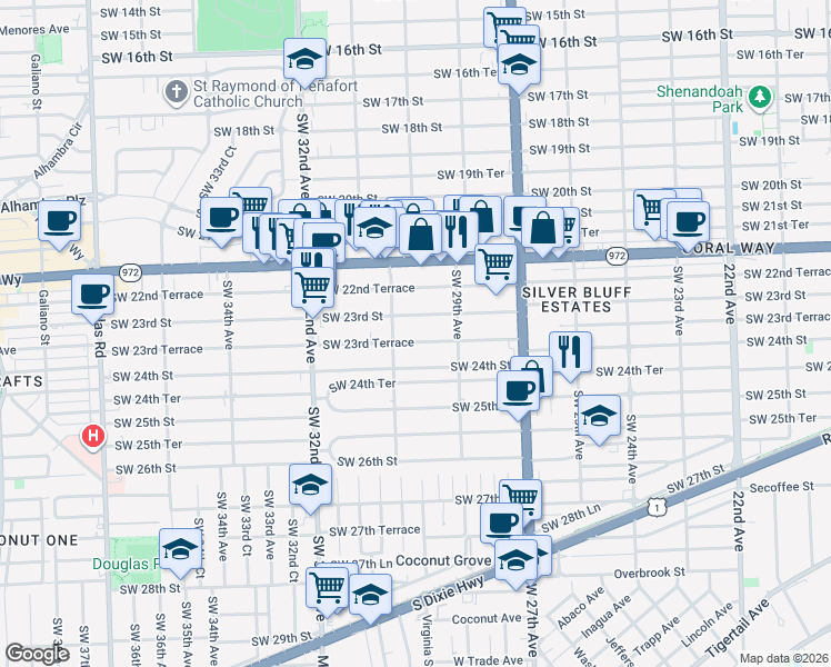 map of restaurants, bars, coffee shops, grocery stores, and more near 3031 Southwest 23rd Terrace in Miami