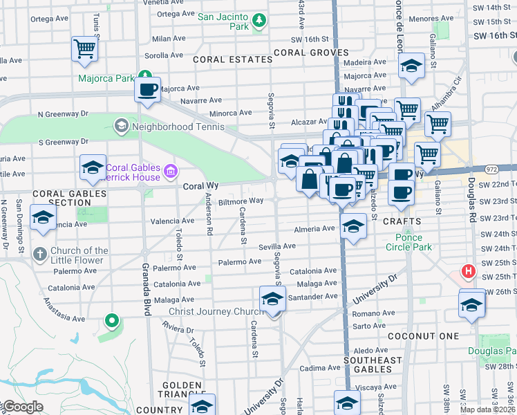 map of restaurants, bars, coffee shops, grocery stores, and more near 600 Biltmore Way in Coral Gables