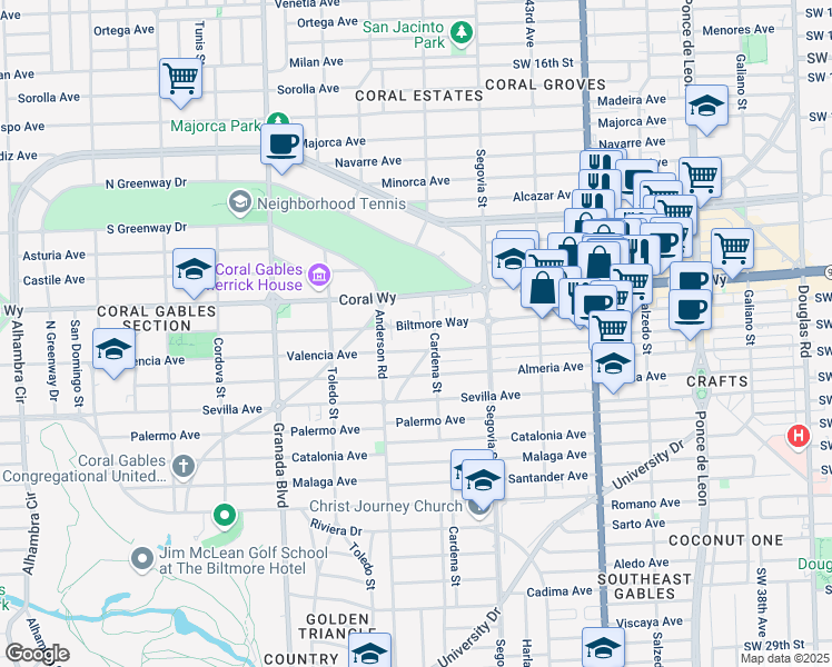 map of restaurants, bars, coffee shops, grocery stores, and more near 700 Biltmore Way in Coral Gables