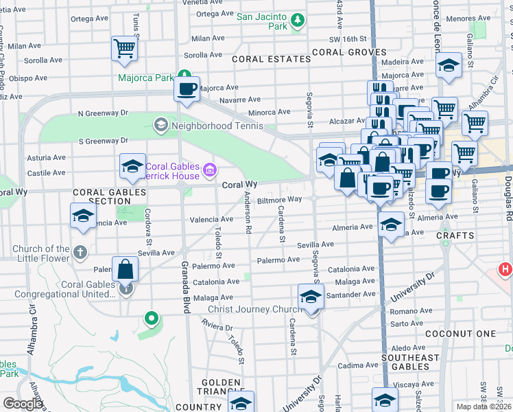 map of restaurants, bars, coffee shops, grocery stores, and more near 2508 Anderson Road in Coral Gables