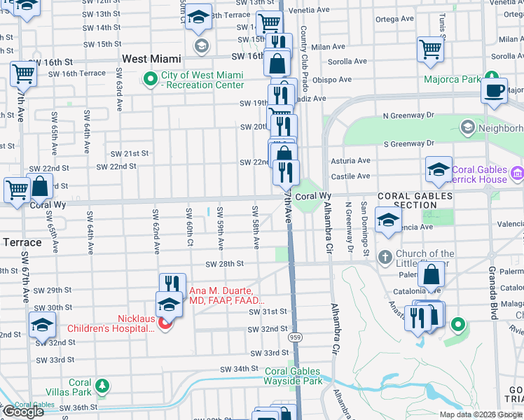 map of restaurants, bars, coffee shops, grocery stores, and more near 5785 Southwest 25th Street in Miami