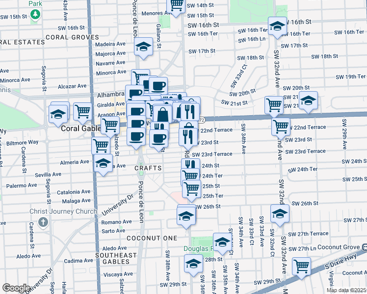 map of restaurants, bars, coffee shops, grocery stores, and more near 2335 Douglas Road in Miami