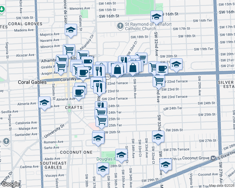 map of restaurants, bars, coffee shops, grocery stores, and more near 3541 Southwest 23rd Terrace in Miami