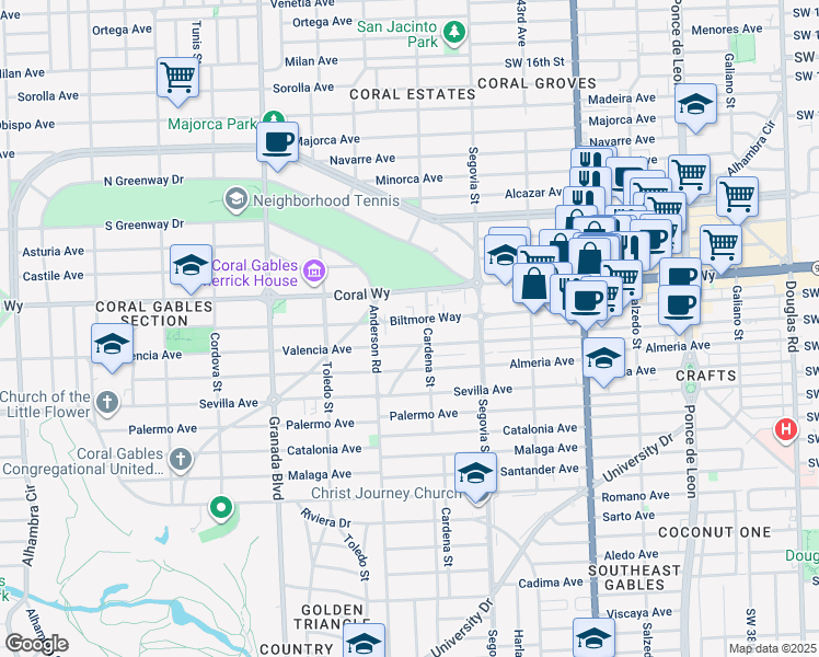 map of restaurants, bars, coffee shops, grocery stores, and more near 700 Biltmore Way in Coral Gables