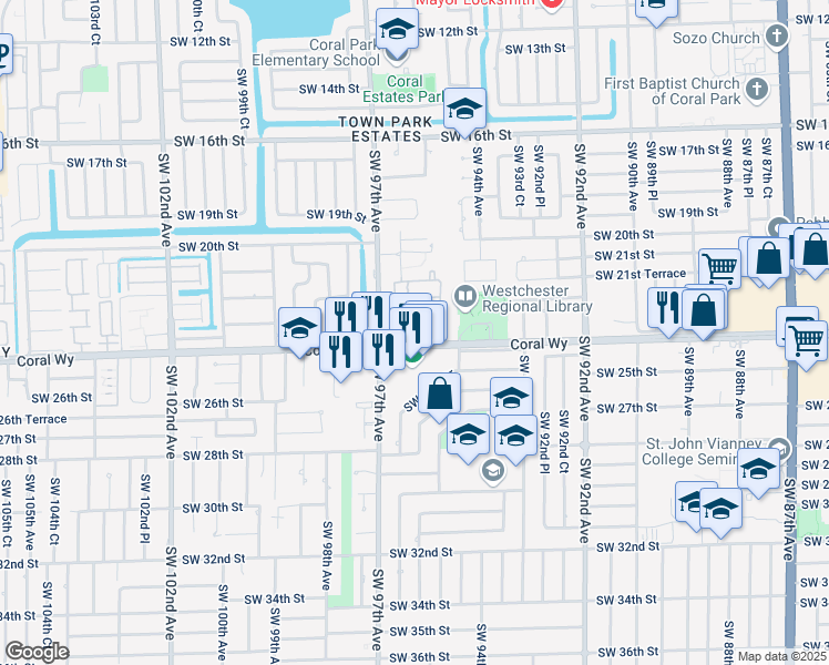 map of restaurants, bars, coffee shops, grocery stores, and more near 9618 Southwest 23rd Street in Miami