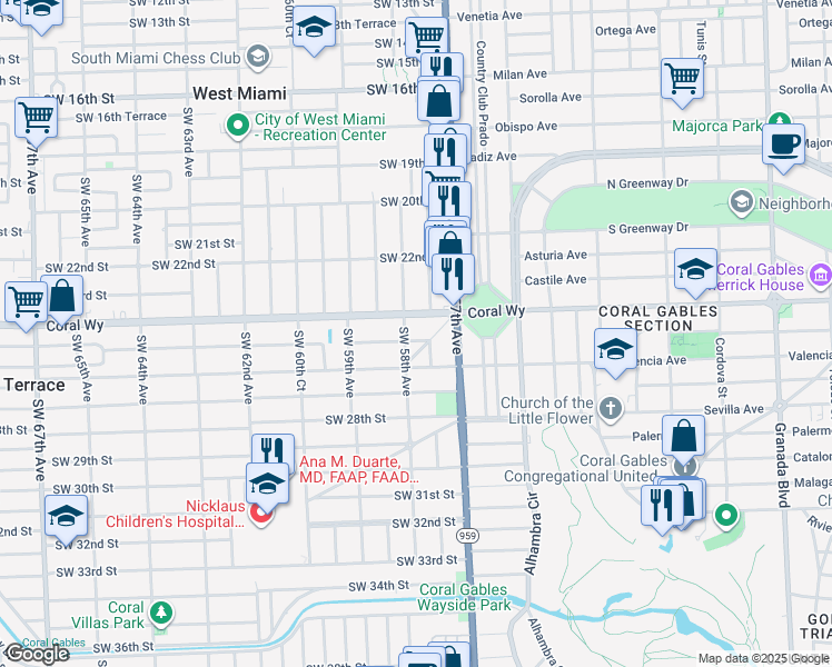 map of restaurants, bars, coffee shops, grocery stores, and more near 5785 Southwest 25th Street in Miami
