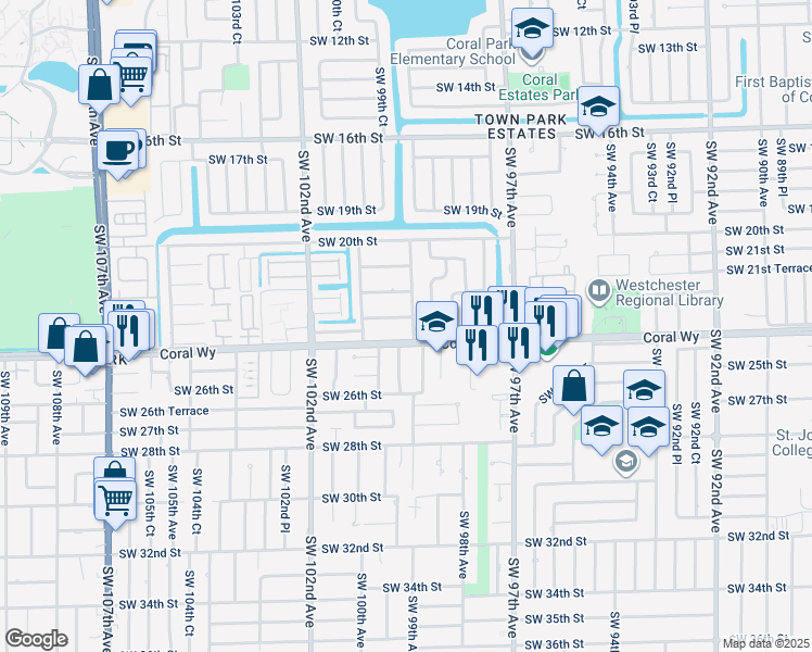 map of restaurants, bars, coffee shops, grocery stores, and more near 9940 Southwest 23rd Street in Miami