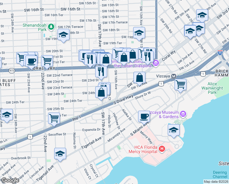map of restaurants, bars, coffee shops, grocery stores, and more near 2420 Southwest 16th Avenue in Miami