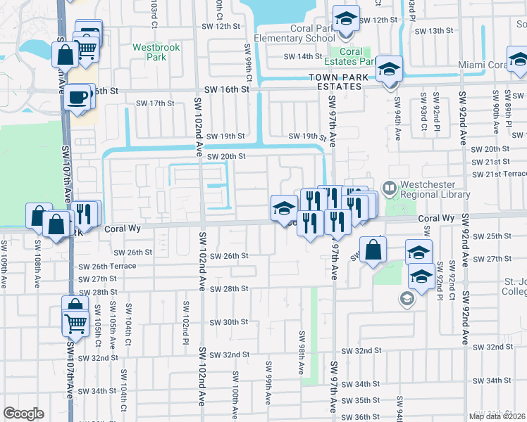 map of restaurants, bars, coffee shops, grocery stores, and more near 9940 Southwest 23rd Street in Miami