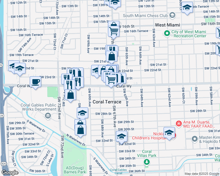 map of restaurants, bars, coffee shops, grocery stores, and more near in Coral Terrace