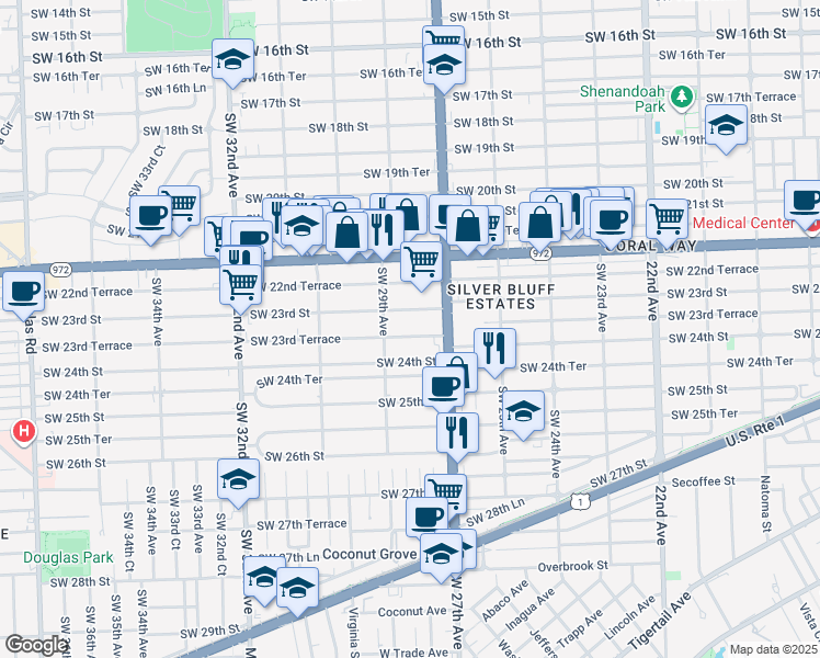 map of restaurants, bars, coffee shops, grocery stores, and more near 2792 Southwest 23rd Terrace in Miami