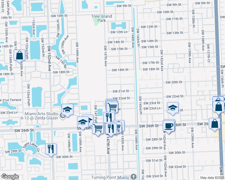 map of restaurants, bars, coffee shops, grocery stores, and more near 14611 Southwest 21st Street in Miami