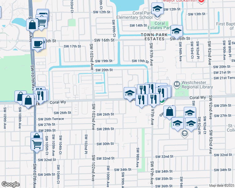 map of restaurants, bars, coffee shops, grocery stores, and more near 9940 Southwest 23rd Street in Miami