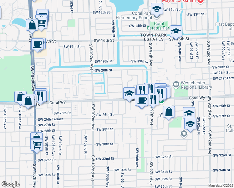 map of restaurants, bars, coffee shops, grocery stores, and more near 9940 Southwest 23rd Street in Miami