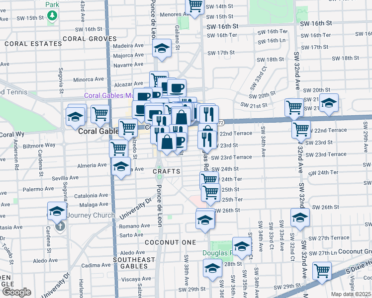 map of restaurants, bars, coffee shops, grocery stores, and more near 65 Almeria Avenue in Coral Gables