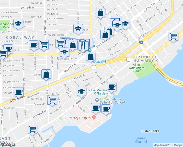 map of restaurants, bars, coffee shops, grocery stores, and more near 25 Samana Drive in Miami