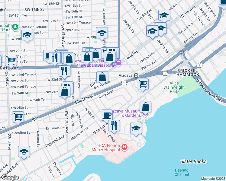 map of restaurants, bars, coffee shops, grocery stores, and more near 80 Shore Drive East in Miami