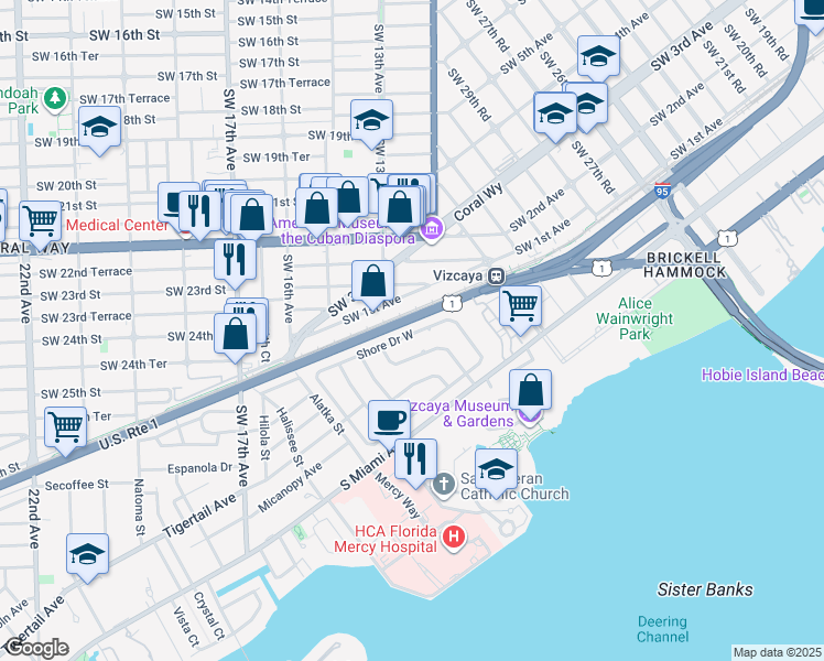 map of restaurants, bars, coffee shops, grocery stores, and more near 80 Shore Drive East in Miami