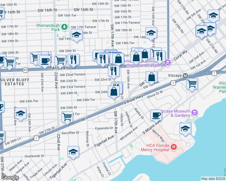 map of restaurants, bars, coffee shops, grocery stores, and more near 2405 Southwest 17th Avenue in Miami