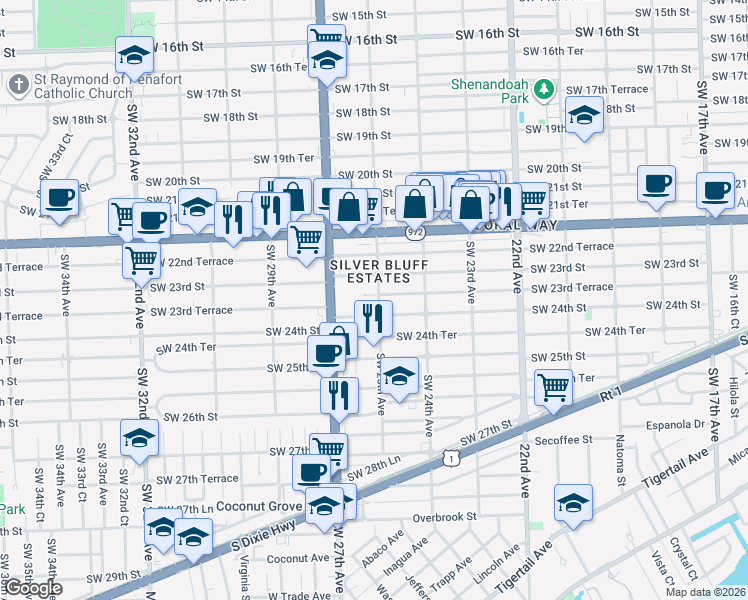 map of restaurants, bars, coffee shops, grocery stores, and more near 2521 Southwest 24th Street in Miami