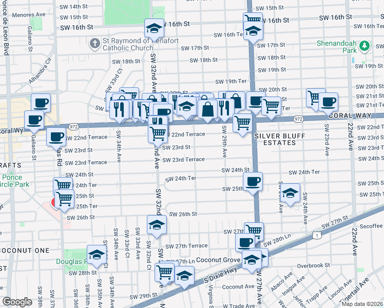 map of restaurants, bars, coffee shops, grocery stores, and more near 3133 Southwest 23rd Terrace in Miami