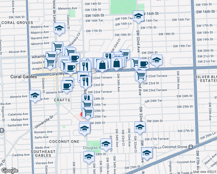 map of restaurants, bars, coffee shops, grocery stores, and more near 3541 Southwest 23rd Terrace in Miami