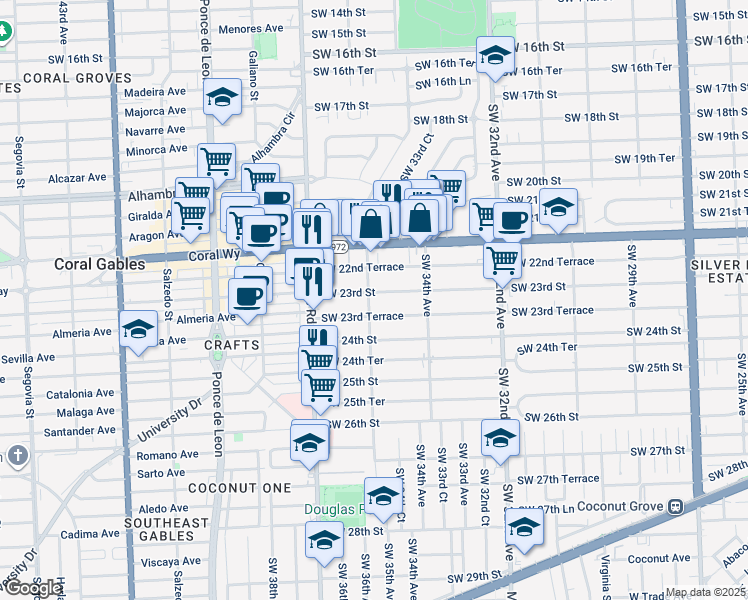 map of restaurants, bars, coffee shops, grocery stores, and more near 3541 Southwest 23rd Terrace in Miami