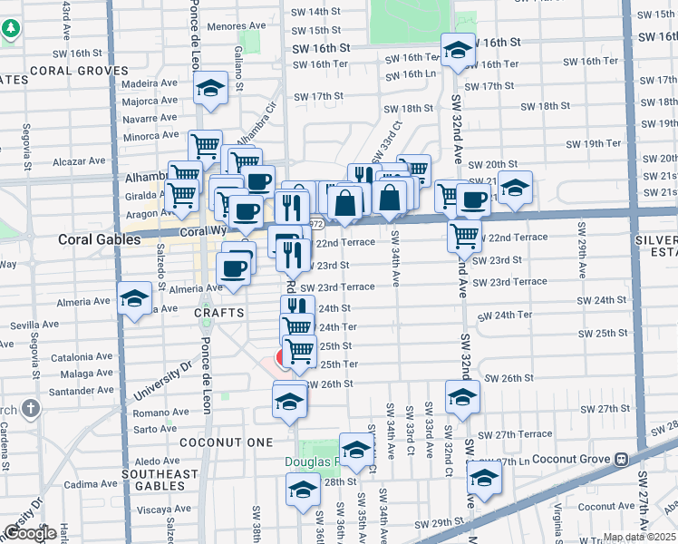 map of restaurants, bars, coffee shops, grocery stores, and more near 3541 Southwest 23rd Terrace in Miami