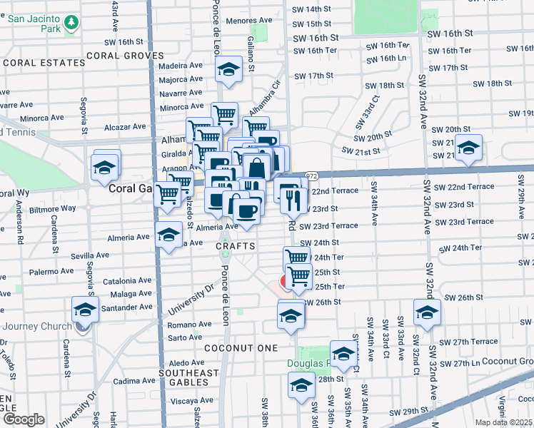 map of restaurants, bars, coffee shops, grocery stores, and more near 65 Almeria Avenue in Coral Gables
