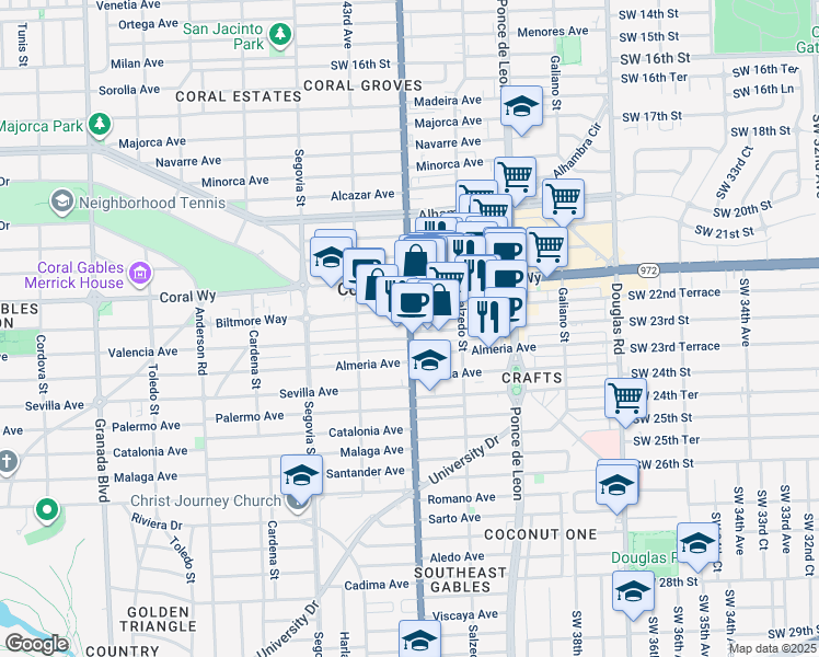 map of restaurants, bars, coffee shops, grocery stores, and more near 2655 South Le Jeune Road in Coral Gables