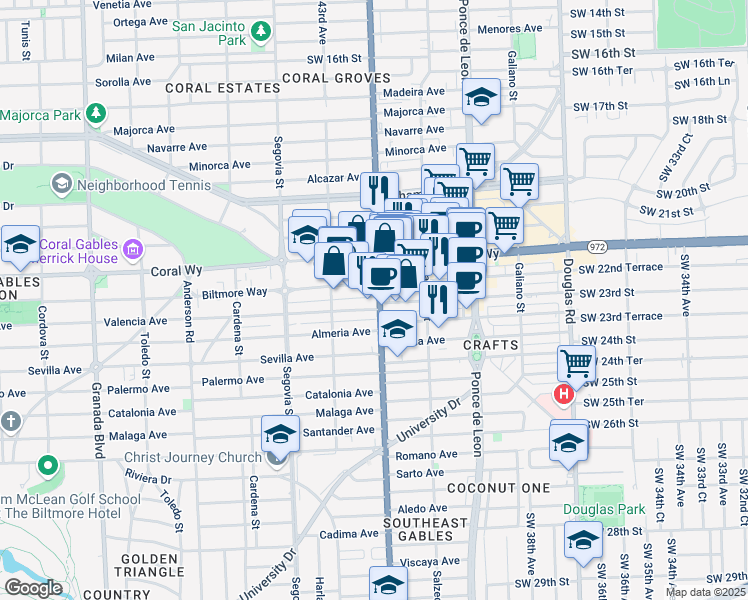 map of restaurants, bars, coffee shops, grocery stores, and more near 420 Valencia Avenue in Coral Gables