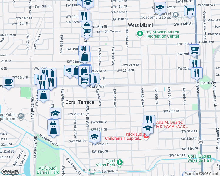 map of restaurants, bars, coffee shops, grocery stores, and more near 2412 Southwest 64th Avenue in Miami