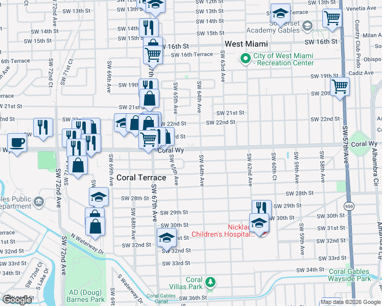 map of restaurants, bars, coffee shops, grocery stores, and more near 6481 Southwest 25th Street in Miami
