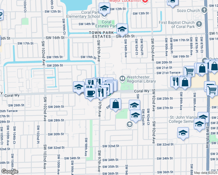 map of restaurants, bars, coffee shops, grocery stores, and more near 9618 Southwest 23rd Street in Miami