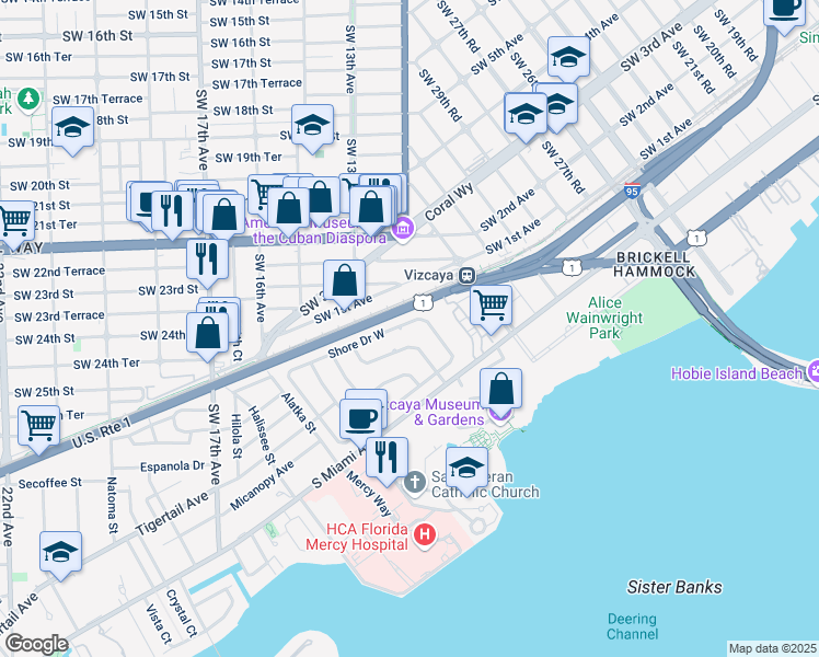 map of restaurants, bars, coffee shops, grocery stores, and more near 25 Samana Drive in Miami