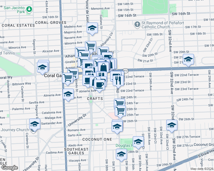 map of restaurants, bars, coffee shops, grocery stores, and more near 65 Almeria Avenue in Coral Gables